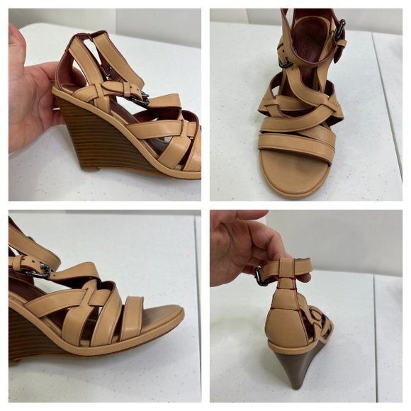 Coach Dawn‎ Wedges 6 B Leather Strappy Beige Heels Sandals Ankle Gladiator Brown - Picture 4 of 9